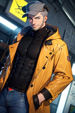 (1 image only), solo male, Munehisa Iwai,  Persona, Asian, Japanese, Weapons Dealer, grey hair, short hair, stubble, grey eyes, sideburns, gray pin-striped hat, (yellow ear defenders),  black turtleneck sweater, long gray coat, open coat, coat hood down, simple blue jeans, black leather boots, mature, masculine, handsome, charming, alluring, smile, upper body, perfect anatomy, perfect proportions, (best quality, masterpiece), (perfect eyes), high_resolution, dutch angle, [cowboy shot]