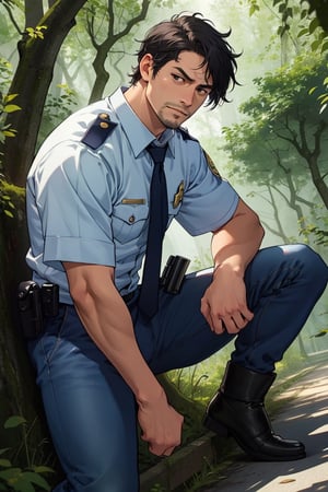 (1 image only), solo male, Agawa Daigo, Gannibal, Asian ,Japanese, black hair, short hair, thin stubble, black eyes, policeman, white collared shirt, dark blue necktie, roll up sleeves,dark blue pants, black shoes , mature, handsome, charming, alluring, perfect anatomy, perfect proportions, (best quality, masterpiece), (perfect eyes), perfect hands, high_resolution, dutch angle, cowboy shot, rural, pastoral, forest, creep, suspense, horror, manga, best quality