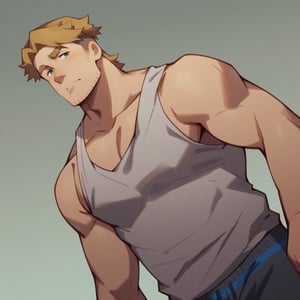score_9, score_8_up, score_7_up, score_6_up, perfect anatomy, perfect proportions, best quality, masterpiece, high_resolution, high quality, solo male, Gagumber, brown hair, two-tone hair, sideburns, facial hair, stubble, green eyes, thick eyebrows, white tank top, ((white/blue bengal stripe boxer, loose boxe))r, grey socks, standing, adult, mature, masculine, manly, handsome, charming, alluring