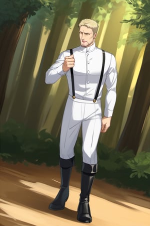 score_9, score_8_up, score_7_up, solo male, Reiner Braun, blond hair, short hair, flat hair, (facial hair, stubble:1.1), hazel eyes, ((perfect eyes, perfect mouth)), tall, (white uniform, pure white mandarin collared shirt, high standing collars, long sleeves:1.5), unbuttoned collar, (black suspender straps:1.2), white pants, black tall combat boots, handsome, charming, alluring, standing, full body, cowboy shot, dutch angle, forest, perfect anatomy, perfect proportions, best quality, masterpiece, high_resolution