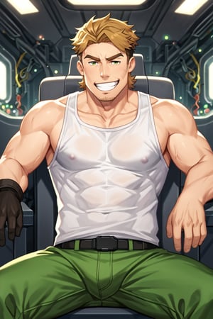 score_9, score_8_up, score_7_up, score_6_up, perfect anatomy, perfect proportions, best quality, masterpiece, high_resolution, high quality, solo male, Gagumber, brown hair, two-tone hair, sideburns, facial hair, stubble, green eyes, thick eyebrows, white tank top, bare shoulders, bare arms, black gloves, green work pants, sitting in a huge industrial mecha, mecha cockpit, operator's seat, mecha joystick, outstretched arms, outstretched legs, spread legs, ((2 hands holding joysticks)), science fiction, adult, mature, masculine, manly, handsome, charming, alluring, serious, intense eyes, v-shaped eyebrows, open mouth, grin, ((upper body)), cinematic still, emotional, harmonious, vignette, bokeh, cinemascope, moody, epic, gorgeous