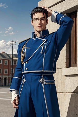 1boy, solo, Maes Hughes, Fullmetal Alchemist, anime,  2D, tall, lean, black hair, jovially spiky hair, brown eyes, rectangular spectacles framed, 29 years old, mature, blue military uniform, manly, masculine, handsome, charming, alluring, office, (standing), (upper body in frame), perfect light, perfect anatomy, perfect proportions, perfect perspective, 8k, HQ,  (best quality:1.2, masterpiece:1.2, madly detailed), perfect face, (portrait), looking_at_viewer, outdoor, sky