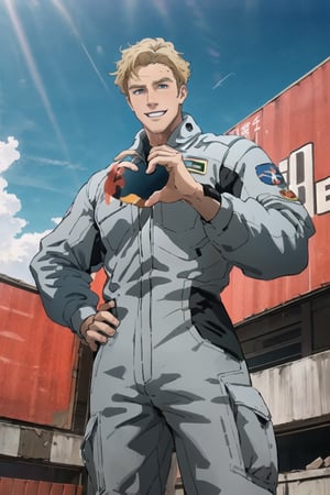 solo male, Lewis Smith \(Brave Bang Bravern\), blond hair, short hair, blue eyes, (((grey pilot jumpsuit, gray pilot  jumpsuit, grey sleeves))), black boots, mature, handsome, charming, alluring, muscular, beefy,, ((heart hands)), blush, grin, standing, upper body, perfect anatomy, perfect proportions, best quality, masterpiece, high_resolution, dutch angle, cowboy shot, photo background, tokyo city ruin, ocean, sky, science fiction, mecha