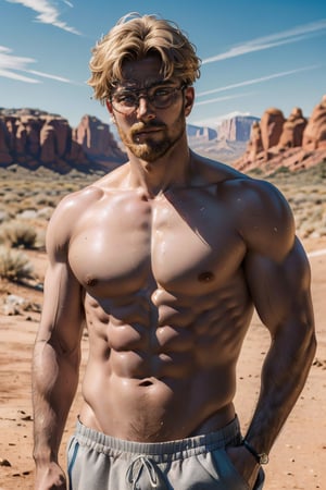 Zeke Yeager, blonde hair, grey-blue eyes, glasses, beard, fit body, (topless), nude, (perfect male body, muscular), abs, hourglass body shape, mature, DILF, masculine, virile, charming, alluring, calm eyes, (standing), (upper body in frame), in very high sky, (red rock desert in background distant, vast steamy smoke on the ground in far horizon), perfect light, only1 image, perfect anatomy, perfect proportions, perfect perspective, 8k, HQ, (best quality:1.5, hyperrealistic:1.5, photorealistic:1.4, madly detailed CG unity 8k wallpaper:1.5, masterpiece:1.3, madly detailed photo:1.2), (hyper-realistic lifelike texture:1.4, realistic eyes:1.2), picture-perfect face, perfect eye pupil, detailed eyes, realistic, HD, UHD, (front view:1.2), look at viewer, Vline, (sweaty, shiny skin), Portrait, bare groin, bare abdomen