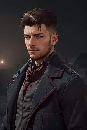 Geoffrey McCullum, dark brown hair, (crewcut, high fade), blue eyes, stubble, handsome, charming, alluring, rugged, black trench coat, black pants, grey vest, dark red cravat, (standing), (upper body in frame), simple background, 1918 London, fog, dark atmosphere, perfect light, perfect anatomy, perfect proportions, perfect perspective, 8k, HQ, (best quality:1.5, hyperrealistic:1.5, photorealistic:1.4, madly detailed CG unity 8k wallpaper:1.5, masterpiece:1.3, madly detailed photo:1.2), (hyper-realistic lifelike texture:1.4, realistic eyes:1.2), picture-perfect face, perfect eye pupil, detailed eyes, realistic, HD, UHD, (front view:1.2), portrait, looking outside frame,perfecteyes