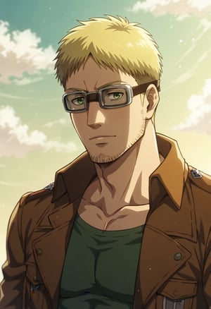 score_9, score_8_up, score_7_up, score_6_up, source_anime\(Attack on Titan\), perfect anatomy, perfect proportions, best quality, masterpiece, high_resolution, high quality, aesthetic, absurdres, (male focus), solo male, Abel, ((blond hair)), short hair, (long sideburns, thick facial hair, beard, chinstrap stubble, jawline stubble), paradis military uniform \(Attack on Titan\), (open tan color cropped jacket, olive green undershirt), (wearing glasses, thick-rimmed giggles with bands around head, eyes behind goggles), adult, mature, masculine, manly, handsome, charming, alluring, (portrait, headshot), upper body, dutch angle