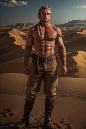 1boy, solo, Revolver Ocelot, 40 years old, grey eyes, white hair, stubble, (complete topless, shirtless:1.4), dark brown canvas pants, knee-high cowboy boots with spurs, red gloves, handsome, mature, masculine, virile, confidence, charming, alluring, upper body in frame, (Afghanistan desert:1.3), sky, perfect anatomy, perfect proportions, 8k, HQ, (best quality:1.5, hyperrealistic:1.5, photorealistic:1.4, madly detailed CG unity 8k wallpaper:1.5, masterpiece:1.3, madly detailed photo:1.2), (hyper-realistic lifelike texture:1.4, realistic eyes:1.2), high_resolution, picture-perfect face, perfect eye pupil, detailed eyes, perfecteyes, dutch angle 