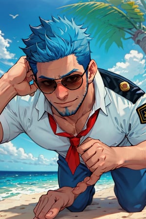 (1 image only), solo male, Wilbur, Animal Crossing, personification, blue hair, short hair, blue facial hair, jawline stubble, black eyes, (aviator sunglasses), aviation pilot uniform, white collor shirt, red necktie, epaulette, blue pants, (lower body out of frame), mature, bara, handsome, charming, alluring, smile, shy, blush, large pectorals, (on all four, all fours pose, upperbody:1.2), (from below, pov, close-up), looking at viewer, perfect anatomy, perfect proportions, (best quality, masterpiece), (perfect eyes, perfect eye pupil), perfect hands, high_resolution, seaside, summer