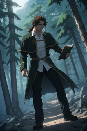 solo male, Sein \(Frieren: Beyond Journey's End\), priest, brown hair, low ponytail, parted bangs, thin hair, stubble, green eyes, white collared shirt, (shirt white hems, untucked shirt:1.3), dark coat with a golden accent, dark capelet, dark sleeves, black pants, black footwear. open coat, mature, handsome, charming, alluring, serious, intense eyes, fighting stance, light beam, (night, dark) holding a book, magic, glowing, perfect anatomy, perfect proportions, best quality, masterpiece, high_resolution, dutch angle, cowboy shot, photo background, forest, Balance and coordination between all things), real light and shadow, perspective, composition, adventurous, energy, exploration, contrast, experimental, unique, cinematic, atmospheric, epi, ultrarealsitc