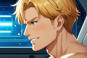 score_9, score_8_up, score_7_up, score_6_up, perfect anatomy, perfect proportions, best quality, masterpiece, high_resolution, high quality, aesthetic, absurdres, solo male, Lewis Smith, blond hair, short hair, sideburns, green eyes, nude, mecha cockpit, (close up, from side, headshot), mature, handsome, charming, alluring, masculine, serious, intense eyes, v-shaped eyebrows, mad, passionate, grin, bruise, look outside, leaning forward, sitting, mecha cockpit, BREAK ((eyes focus, cropped, dutch angel)), dark background, science fiction, cinematic, cinematic still, emotional, harmonious, bokeh, cinemascope, moody, epic, gorgeous, inside the mecha, BREAK (emphasis lines, motion lines, motion blur)