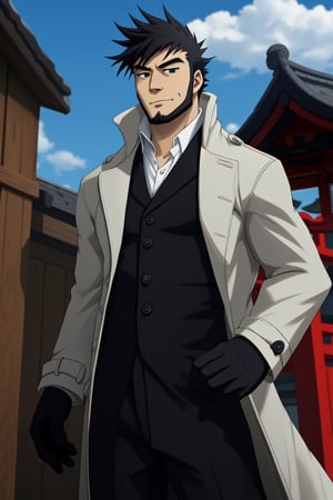 (1 image only), solo male, Genma Shizume, Asian, Japanese, black hair, spiked hair, chinstrap beard, sideburns, black eyes, (white collared shirt, black neckti, black jacket), ((brown overcoat, open overcoat)), black pants, black gloves, mature, handsome, charming, allurin, smile, standing, upper body, perfect anatomy, perfect proportions, (best quality, masterpiece, high_resolution:1.3), perfect eyes, dutch angle, cowboy shot , best quality