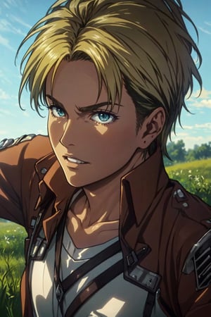 1girl, solo, Nanaba, Attack on Titan, blue eyes, wore standard Survey Corps uniform with a light-colored v-neck underneath, (blond hair) short light hair, petite build, beautiful, handsome, charming, alluring, gentle expression, soft expression, calm, smile (standing), (upper body in frame), simple background, green plains, sky, dawn light, cinematic light, perfect anatomy, perfect proportions, 8k, HQ, HD, UHD, (best quality:1.5, hyperrealistic:1.5, photorealistic:1.4, madly detailed CG unity 8k wallpaper:1.5, masterpiece:1.3, madly detailed photo:1.2), (hyper-realistic lifelike texture:1.4, realistic eyes:1.2), picture-perfect face, perfect eye pupil, detailed eyes, dynamic, dutch angle, (sode view), AttackonTitan