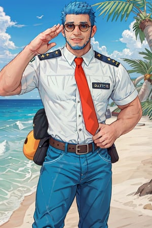 (1 image only), solo male, Wilbur, Animal Crossing, personification, pure blue hair, short hair, black eyes, blue facial hair, jawline stubble, aviation pilot uniform, white collor shirt, red necktie, epaulette, aviator sunglasses, blue pants, socks, black footwear, bandaid on nose, mature, dilf, bara, handsome, charming, alluring, grin, standing, upper body, hand in pocket, (two-finger salute), perfect anatomy, perfect proportions, (best quality, masterpiece), (perfect eyes, perfect eye pupil), perfect hands, high_resolution, dutch angle, cowboy shot, seaside, summer