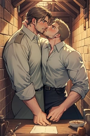 perfect anatomy, perfect proportions, perfect perspective, couple, ((2people)), first man giver (jean_kirstein, brown hair, stubble, light brown eyes),second mature man receiver(reiner braun, blond hair, stubble, hazel eyes), ((pure white collared shirt, fit shirt, roll-up sleeves)), stubble, dilf, different hair style, different hair color, different face, gay, homo, slight shy, charming, alluring, seductive, highly detailed face, detailed eyes, perfect light, on 1910s city wall, military, retro, (best quality), (8k), (masterpiece), best quality, 1 image, rugged, manly, hunk, reverse upright kissing
