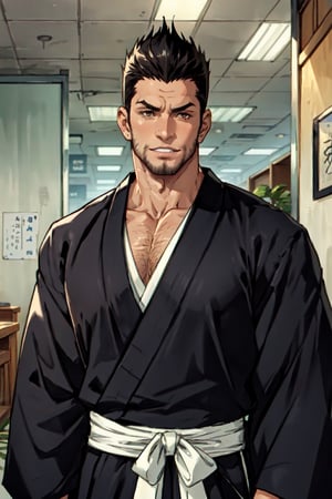 1boy, solo, Isshin Kurosaki, BLEACH, anime, tall, muscular man,(black hair), brown eyes, thin stubble around mouth and on cheeks, 40 years old, mature, pure black male Kimono, black Hakama, white Kimono belt, manly, masculine, handsome, charming, alluring, office, (standing), (upper body in frame), perfect light, perfect anatomy, perfect proportions, perfect perspective, 8k, HQ,  (best quality:1.2, masterpiece:1.2, madly detailed), perfect face, front view, portrait