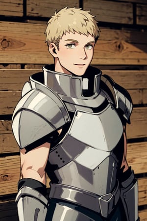 (1 image only), solo male, 1boy, Laios Touden, Delicious in Dungeon, knight, blond hair, short hair, light gold eyes, average height, silver plate armour, silver gauntlets, white shirt under armor, silver knee guards, simple brown boots, smile, handsome, charming, alluring, standing, upper body in frame, perfect anatomy, perfect proportions, 2d, anime, (best quality, masterpiece), (perfect eyes, perfect eye pupil), high_resolution, dutch angle, dungeon location, (Hands:1.1), better_hands