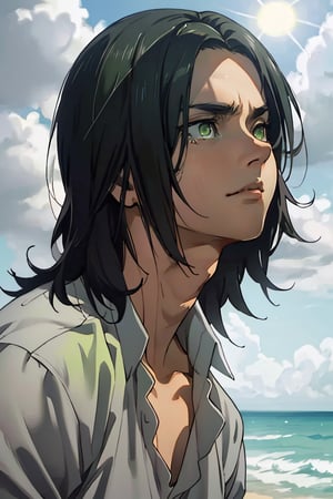 erenad(black hair, medium hair, straight hair,:1.2), (grey-green eyes:1.4), fit body, white shirt, collarbone, charming, alluring, dejected, depressed, sad, (standing), (upper body in frame), simple background(beach, sunny day, endless ocean, mid day), backlight, cloudy blue sky, perfect light, only 1 image, perfect anatomy, perfect proportions, perfect perspective, 8k, HQ, (best quality:1.5, hyperrealistic:1.5, photorealistic:1.4, madly detailed CG unity 8k wallpaper:1.5, masterpiece:1.3, madly detailed photo:1.2), (hyper-realistic lifelike texture:1.4, realistic eyes:1.2), picture-perfect face, detailed eyes, realistic, HD, UHD, tear in eyes 