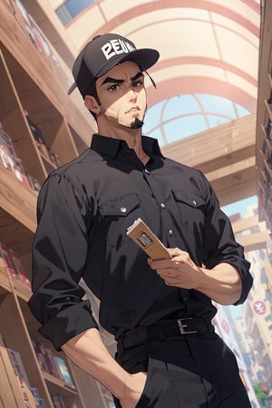 solo male, Memory T Cell\(Cells at Work\), tan skin, brown eyes, intense eyes, angled eyebrows, facial hair, goatee, sideburns, black uniform, black collared shirt, black pants, (wearing cap, black cap), boots, mature, handsome, charming, alluring, fit, silm, slender, standing, upper body, perfect anatomy, perfect proportions, best quality, masterpiece, high_resolution, dutch angle, cowboy shot, photo background, perfect eyes
