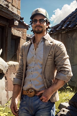 1boy, solo, Ace Visconti, Dead By Dayligh, Argentinian of Italian descent, gambler, grey-streaked hair, facial hair, sunglasses, (cap), damask print shirt, (open shirt), bare chest, classic jacket, jeans, mature, manly, masculine, handsome, charming, alluring, dashing, smirk, (standing), (upper body in frame), dark background, fog, dark atmosphere, cinematic light, perfect anatomy, perfect proportions, perfect perspective, 8k, HQ, (best quality:1.5, hyperrealistic:1.5, photorealistic:1.4, madly detailed CG unity 8k wallpaper:1.5, masterpiece:1.3, madly detailed photo:1.2), (hyper-realistic lifelike texture:1.4, realistic eyes:1.2), picture-perfect face, perfect eye pupil, detailed eyes, realistic, HD, UHD, portrait, looking outside frame, side view