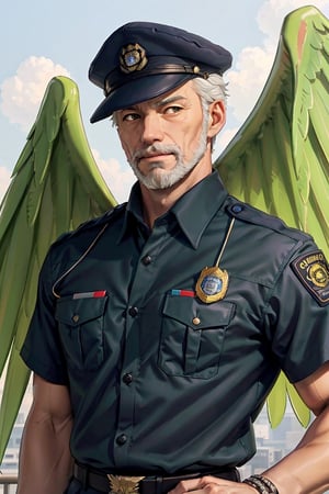 (1 image only), solo male, bara, Hogen, Tokyo Afterschool Summoners, Asain, Japanese, Tengu, old man, white hair, short hair, gold eyes, thick eyebrows, white facial hair, white beard, (black Tokin headwear, tengu-geta), Japanese police uniform, Japanese police hat, aqua-color collared shirt, mature, handsome, charming, alluring, standing, upper body in frame, perfect anatomy, perfect proportions, 2D, anime, (best quality, masterpiece), (perfect eyes, perfect eye pupil), high_resolution, dutch angle, (Tokyo city street), better_hands, green wings