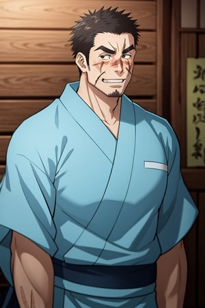 solo male, Gōzaburō Seto, My Bride is a Mermaid, Japanese, short hair, black hair,  black eyes, facial hair, thick eyebrows, scar on face, scar on nose, scar across eye, sideburns, yukata, japanese sandals, mature, handsome, charming, alluring, standing, upper body, perfect anatomy, perfect proportions, best quality, masterpiece, high_resolution, dutch angle, cowboy shot, photo background