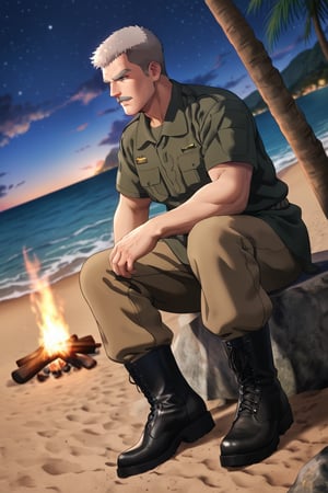 solo male, Thomas J. Prahmman \(Brave Bang Bravern\), short hair, grey hair, facial hair, grey mustache, grey eyes, military uniform, pure black undershirt, brown pants. black boots, short sleeves, sitting on ground under palm tree, adult, mature, masculine, manly, handsome, charming, alluring, full body, perfect anatomy, perfect proportions, best quality, masterpiece, high_resolution, dutch angle, cowboy shot, perfect eyes, looking away, ocean, dark sky, outdoor, beach, night, bonfire