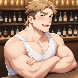 score_9, score_8_up, score_7_up, score_6_up, perfect anatomy, perfect proportions, best quality, masterpiece, high_resolution, high quality, solo male, Gagumber, brown hair, two-tone hair, sideburns, facial hair, stubble, green eyes, thick eyebrows, white tank top, bare shoulders, bare arms, green work pants, sitting, adult, mature, masculine, manly, handsome, charming, alluring, happy, open mouth, ((^ ^)), shy, blush, horny, ((upper body)), view from side, bar, indoor