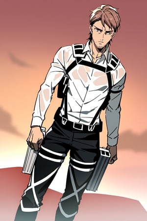 score_9, score_8_up, score_7_up, solo male, , Jean Kirstein, brown hair, light-brown eyes, thin eyebrows, facial hair, stubble, white collared shirt, wet shirt, long sleeves, black pants, three-dimensional maneuver gear, black combat boots, handsome, charming, alluring, full body, perfect anatomy, perfect proportions, best quality, masterpiece, high_resolution, dutch angle, cowboy shot, red rock desert background, (perfect face, perfect eyes:1.3)