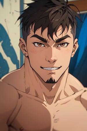 (1 image only), solo male, Jay Chiang, Asian, Taiwanese, hotel room, 2d, anime, flat, black hair, short hair, high fade, goatee, thick eyebrows, (brown eyes),  (topless, shirtless), (portrait, close-up), smile, mature, handsome, charming, alluring, portrait, perfect anatomy, perfect proportions, (best quality, masterpiece), (perfect eyes:1.2), high_resolution, dutch angle 