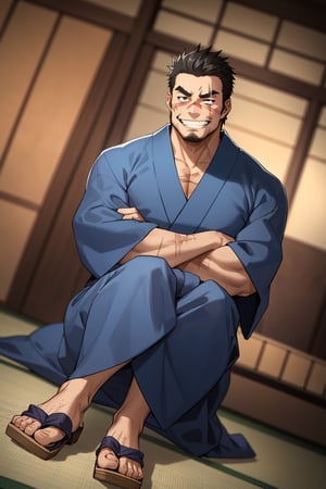 solo male, Gōzaburō Seto, My Bride is a Mermaid, Japanese, short hair, black hair,  black eyes, facial hair, thick eyebrows, scar on face, scar on nose, scar across eye, sideburns, yukata, japanese sandals, mature, handsome, charming, alluring, grin, sit cross-legged on tatami, arm crossed, perfect anatomy, perfect proportions, best quality, masterpiece, high_resolution, dutch angle, cowboy shot, photo background