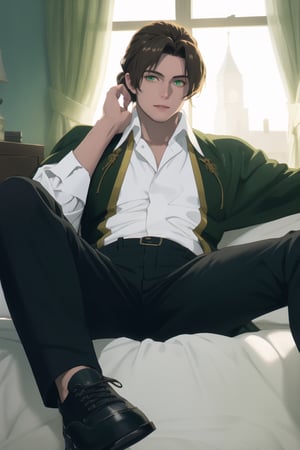 (human:1.2), highres, masterpiece, high quality, (high resolution:1.2), 1guy, solo, Sein, priest, brown hair, low ponytail, parted bangs, thin hair, stubble, green eyes, white collared shirt, (shirt white hems, untucked shirt:1.3), dark coat with a golden accent, dark capelet, (dark sleeves), black pants, black footwear. open coat, masculine, manly, sitting on bed, legs up, spread eagle position, lying back, body, (day, palace), looking at viewer, innocent face, depth of field, bokeh, detailed, highly detailed, sharp focus, intricate, smooth, elegant, fantasy, cinematic lighting, cinematic, masterpiece, matte, photorealistic, 4k, beautiful, volumetric lighting, dramatic, Gayspreadeagle