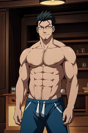 1boy, solo, Maes Hughes, Fullmetal Alchemist, anime,  2D, tall, lean, black hair, jovially spiky hair, brown eyes, rectangular spectacles framed, 29 years old, mature, topless, shirtless, pants, manly, masculine, handsome, charming, alluring, (standing), (upper body in frame), perfect light, perfect anatomy, perfect proportions, perfect perspective, 8k, HQ,  (best quality:1.2, masterpiece:1.2, madly detailed), perfect face, (portrait), looking_at_viewer, vitage room