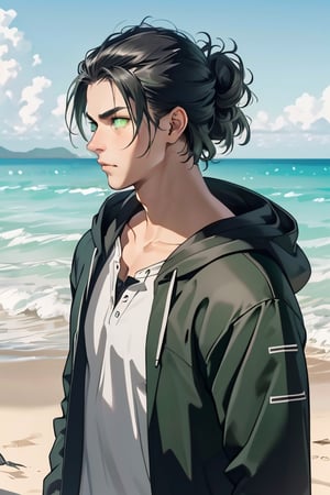 Eren Jaeger(black hair,:1.2), hair bun, (grey-green eyes:1.4), fit body, shirt, ( black jacket, long sleeves, open clothes, hood, hood down), collarbone, charming, alluring, dejected, depressed, sad, (standing), (upper body in frame), simple background(beach, sunny day, endless ocean, mid day), backlight, cloudy blue sky, perfect light, only 1 image, perfect anatomy, perfect proportions, perfect perspective, 8k, HQ, (best quality:1.5, hyperrealistic:1.5, photorealistic:1.4, madly detailed CG unity 8k wallpaper:1.5, masterpiece:1.3, madly detailed photo:1.2), (hyper-realistic lifelike texture:1.4, realistic eyes:1.2), picture-perfect face, perfect eye pupil, detailed eyes, realistic, HD, UHD, (front view, symmetrical picture) look at viewer, tear in eyes