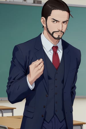 solo male, Maeda, Asobi Asobase, butler, black hair, short hair, black eyes, facial hair, dark blue 3 Piece Suit, formal, white collared shirt, red necktie, dark blue vest, dark blue jacket, dark blue pants, mature, handsome, charming, alluring, calm, polite, portrait, close-up, perfect anatomy, perfect proportions, best quality, masterpiece, high_resolution simple background, classroom
