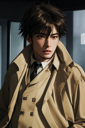 solo male, Genma Shizume, Asian, Japanese, black hair, chinstrap beard, sideburns, black eyes, calm eyes, slitty eyes, (dress in layers), white collared shirt, black necktie, (black suit jacket:1.3), (light brown trench coat, open trench coat:1.3), black pants, black gloves, mature, masculine, handsome, charming, allurin, grin, smile, upper body, perfect anatomy, perfect proportions, (best quality, masterpiece, high_resolution:1.3), perfect eyes, perfecteyes