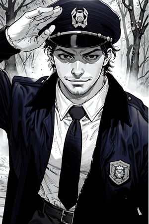 (1 image only), solo male, Agawa Daigo, Gannibal, Asian ,Japanese, black hair, short hair, thin stubble, black eyes, policeman, white collared shirt, dark blue necktie, black jacket, long sleeves, black sleeves, (buttoned up jacket), dark blue pants, black shoes, police peaked cap,((salute, hand adjusting cap)), mature, handsome, charming, alluring, perfect anatomy, perfect proportions, rural, pastoral, forest, creep, suspense, horror, bloody, manga, greyscale, monochrome, (manga brushwork style, traditional drawing), (portrait
, close-up), looking_at_viewer, smirk, upperbody, HORROR,boichi manga style,