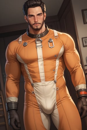 score_9, score_8_up, score_7_up, score_6_up, perfect anatomy, perfect proportions, best quality, masterpiece, high_resolution, high quality, best aesthetic, incredibly absurdres, highres, extremely detailed, huge filesize, mature, masculine, manly, virile, handsome, charming, alluring, bara, male focus, solo male, cowboy shot, dutch angle, source_game \(Fallout 4\), official style \(Fallout 4\),  Danse, FO4Danse , black hair, short hair, light brown eyes, facial hair, beard, Danse_Outfit01, Brotherhood of Steel bodysuit, two-tone bodysuit, orange/grey bodysuit, gloves, boots, 