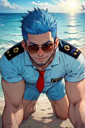 (1 image only), solo male, Wilbur, Animal Crossing, personification, blue hair, short hair, blue facial hair, jawline stubble, black eyes, (aviator sunglasses), aviation pilot uniform, white collor shirt, red necktie, epaulette, lower body out of frame, mature, bara, handsome, charming, alluring, smile, shy, blush, large pectorals, (on all four, one knee, all fours pose, pov, upperbody:1.2), from below, close-up, looking at viewer, perfect anatomy, perfect proportions, (best quality, masterpiece), (perfect eyes, perfect eye pupil), perfect hands, high_resolution, seaside, summer