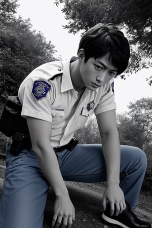 (1 image only), solo male, Agawa Daigo, Gannibal, Asian ,Japanese, black hair, short hair, thin stubble, black eyes, policeman, white collared shirt, dark blue pants, roll up sleeves,dark blue pants, black shoes , mature, handsome, charming, alluring, perfect anatomy, perfect proportions, (best quality, masterpiece), (perfect eyes), perfect hands, high_resolution, dutch angle, cowboy shot, rural .pastoral, forest, creep, suspense, horror, manga, greyscale, monochrome, best quality