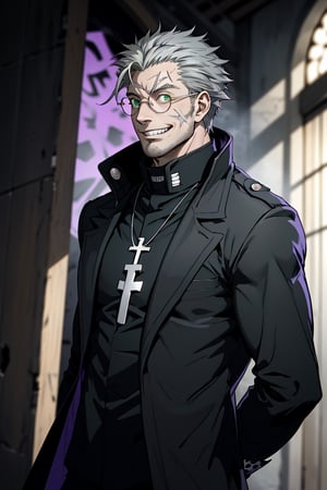 solo male, Alexander Anderson, Hellsing, Catholic priest, short silver-blond hair, green eyes, tanned skin, defined squared jaw, light facial hair, wedge-shaped scar on left cheek, round glasses, black clerical collar shirt with blue trim, black trousers, black boot, (open purple-ish grey coat:1.2), open coat, white gloves, silver cross necklace, (single silver cross), mature, middle-aged, imposing, tall, handsome, charming, alluring, evil grin, upper body, perfect anatomy, perfect proportions, best quality, masterpiece, high_resolution, dutch angle, cowboy shot, photo background, Vatican City, indoor