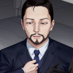(solo male), Maeda, Asobi Asobase, butler, black hair, short hair, black eyes, facial hair, dark blue 3 Piece Suit, formal, white collared shirt, red necktie, long necktie, dark blue vest, dark blue jacket, dark blue pants, mature, handsome, charming, alluring, portrait, close-up, perfect anatomy, perfect proportions, best quality, masterpiece, high_resolution, ((IncrsLimmyWakingUpMeme, sleepy))