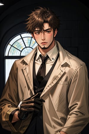 solo male, Genma Shizume, Asian, Japanese, black hair, chinstrap beard, sideburns, black eyes, calm eyes, slitty eyes, intense gaze, blush, shy, (dress in layers), 3 Piece Suit, white collared shirt, black necktie, black suit jacket, , (light brown trench coat, open trench coat:1.2), black pants, black gloves, mature, masculine, handsome, charming, allurin, smile, upper body, perfect anatomy, perfect proportions, (best quality, masterpiece, high_resolution:1.3), (perfect eyes, perfecteyes:1.3)