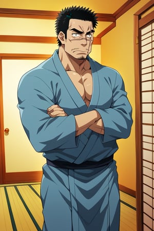 score_9, score_8_up, score_7_up, score_6_up, perfect anatomy, perfect proportions, best quality, masterpiece, high_resolution, high quality, best aesthetic, incredibly absurdres, highres, extremely detailed, huge filesize, mature, masculine, manly, virile, handsome, charming, alluring, bara, male focus, solo male, cowboy shot, dutch angle, source_anime \(My Bride is a Mermaid\), anime coloring \(My Bride is a Mermaid\), Gozaburo Seto \My Bride is a Mermaid\), MBMGozaburo, black hair, short hair, black eyes, sanpaku, sideburns, facial hair, stubble, thick eyebrows, scar across eye, scar across nose,  Gozaburo_Outfit01, Japanese clothes, grey-blue yukata, indoors, tatami, sliding shoji doors, arms crossed 