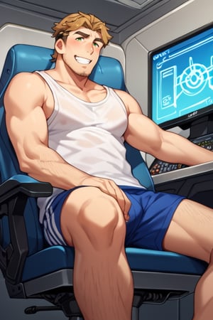 score_9, score_8_up, score_7_up, score_6_up, perfect anatomy, perfect proportions, best quality, masterpiece, high_resolution, high quality, solo male, Gagumber \(Sakugan\), brown hair, two-tone hair, sideburns, facial hair, stubble, green eyes, thick eyebrows, white tank top, blue bengal stripe boxer, loosee boxer, grey socks, bare tights, bare legs, legs hair, leg_spread, sitting, blush, grin, mecha cockpit, operator's seat, holding mecha joystick, multiple monitor screen, science fiction, adult, mature, masculine, manly, handsome, charming, alluring, upper body, dutch angle, from below