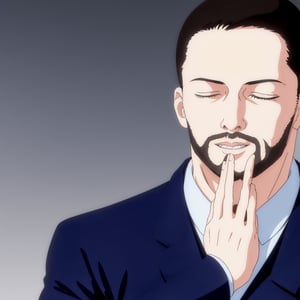 (FeelsGood, closed eyes). (solo male), Maeda, Asobi Asobase, butler, black hair, short hair, black eyes, facial hair, dark blue 3 Piece Suit, formal, white collared shirt, red necktie, dark blue vest, dark blue jacket, dark blue pants, mature, handsome, charming, alluring, portrait, close-up, perfect anatomy, perfect proportions, best quality, masterpiece, high_resolution,FeelsGood