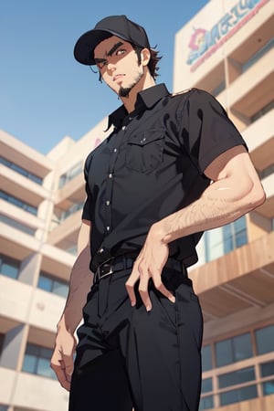 solo male, Memory T Cell\(Cells at Work\), tan skin, brown eyes, intense eyes, angled eyebrows, goatee, sideburns, black uniform, black collared shirt, black pants, (wearing cap, black cap), boots, mature, handsome, charming, alluring, fit, silm, slender, standing, upper body, perfect anatomy, perfect proportions, best quality, masterpiece, high_resolution, dutch angle, cowboy shot, photo background
