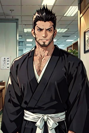 1boy, solo, Isshin Kurosaki, BLEACH, anime, tall, muscular man,(black hair), brown eyes, thin stubble around mouth and on cheeks, 40 years old, mature, pure black male Kimono, black Hakama, white Kimono belt, manly, masculine, handsome, charming, alluring, office, (standing), (upper body in frame), perfect light, perfect anatomy, perfect proportions, perfect perspective, 8k, HQ,  (best quality:1.2, masterpiece:1.2, madly detailed), perfect face, front view, portrait