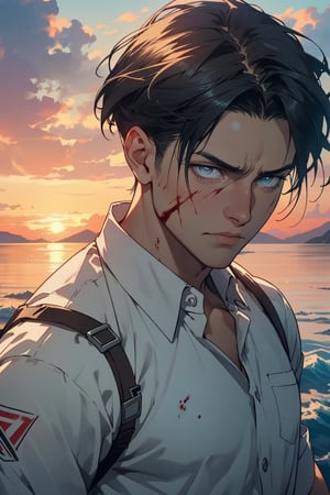 Levi Ackerman, black hair, dull blue eyes,  intense gaze, pure white collared shirt,(white eye bandage on righteye), (AttackonTitan, wearing Omni-directional mobility gear), fit body, 34 years old, charming, alluring, dejected, depressed, sad, calm eyes, (standing), (upper body in frame), simple background, endless ocean, pink cloudy sky, dawn, 1910s harbor, only1 image, perfect anatomy, perfect proportions, perfect perspective, 8k, HQ, (best quality:1.5, hyperrealistic:1.5, photorealistic:1.4, madly detailed CG unity 8k wallpaper:1.5, masterpiece:1.3, madly detailed photo:1.2), (hyper-realistic lifelike texture:1.4, realistic eyes:1.2), picture-perfect face, perfect eye pupil, detailed eyes, realistic, HD, UHD, (front view, symmetrical picture, vertical symmetry:1.2), look at viewer, scars on face, weathered, wounds, blood