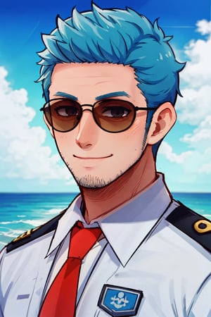 (1 image only), solo male, Wilbur, Animal Crossing, personification, pure blue hair, short hair, black eyes, blue facial hair, jawline stubble, aviation pilot uniform, white collor shirt, red necktie, epaulette, aviator sunglasses, mature, dilf, bara, handsome, charming, alluring, smile,(close-up,portrai), perfect anatomy, perfect proportions, (best quality, masterpiece), (perfect eyes, perfect eye pupil), high_resolution, dutch angle, seaside, summer,1boy