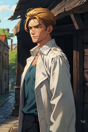 porco_galliard, hazel eyes, undercut, messy, bare forehead, fit body, manly, hunk, masculine, (pure white collared shirt), (open green trench coat), messy clothing, masculine, virile, charming, alluring, dejected, depressed, tired, exhausted, tear in eyes, smirk, standing, (upper body in frame), medieval brick european town street, blue sky, cloudy, mist, steamy, perfect light, perfect anatomy, perfect proportions, perfect perspective, 8k, HQ, (best quality:1.5, hyperrealistic:1.5, photorealistic:1.4, madly detailed CG unity 8k wallpaper:1.5, masterpiece:1.3, madly detailed photo:1.2), (hyper-realistic lifelike texture:1.4, realistic eyes:1.2), picture-perfect face, perfect eye pupil, detailed eyes, realistic, HD, UHD, (front view:1.2), look at viewer, scars on face, weathered, wounds, blood, solo, dutch_angle